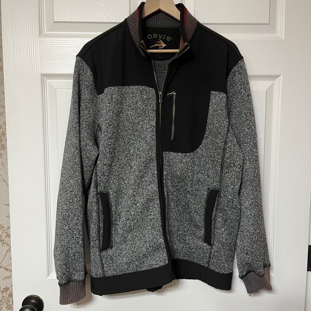 ORVIS Mens Fleece Jacket Full Zip Black Grey Heathered Outdoor Size L